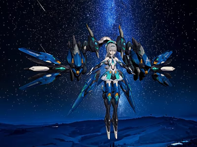 Anime Style Doll With Blue Mechanical Wings And Blue White Outfit Against Starry Sky 3d model