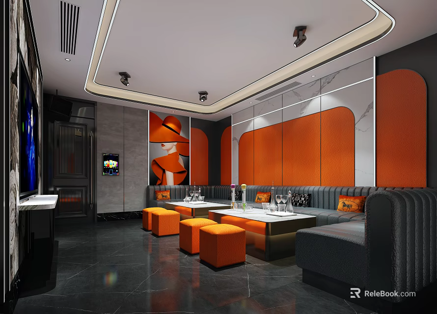 Modern KTV Lounge Interior Design With Orange Panels Grey Sofas And Geometric Decor 3d model 