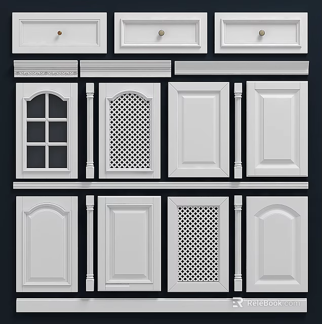 White Decorative Cabinet Doors Panels And Columns With Diverse Patterns 3d model 