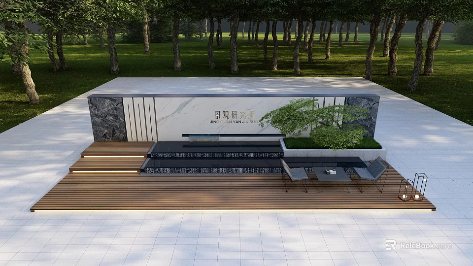 Landscape Feature Wall Design With Trees Lawn Decorative Plants And Steps 3d model