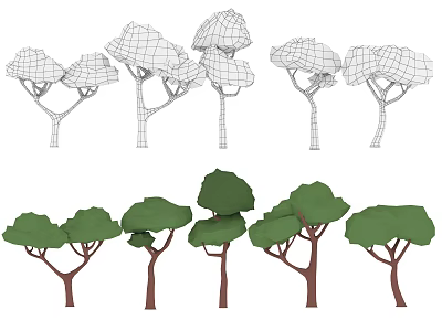 Cartoon Scene Featuring Different Trees With Wireframe Outlines And Colored Foliage 3d model