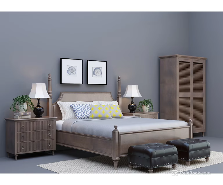 Double Bed with Wooden Headboard Nightstands Table Lamps Potted Plants Decorative Paintings and Black Ottomans 3d model 