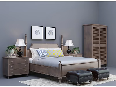 Double Bed with Wooden Headboard Nightstands Table Lamps Potted Plants Decorative Paintings and Black Ottomans 3d model