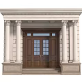 Classical Entrance Door With White Columns Brown Wooden Glass Panels And Wall Lanterns