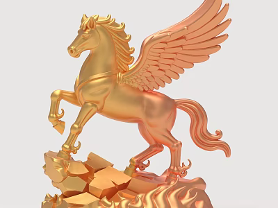 Detailed Golden Winged Horse Sculpture With Rock Base And Artistic Design 3d model