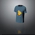 Blue Short Sleeve T-shirt with Cartoon Character Raising Hands in Yellow Red Outfit