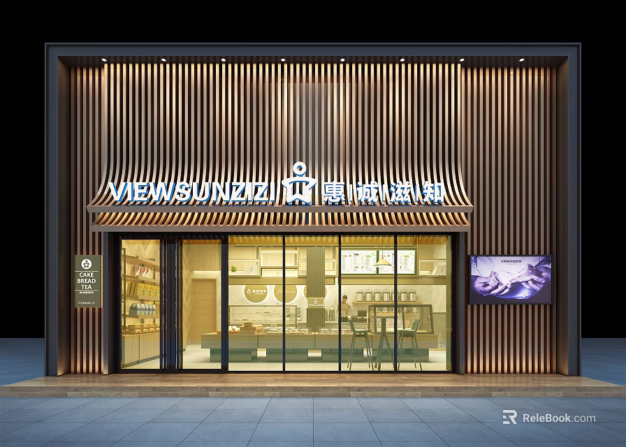 Modern Storefront Facade Design Featuring Wooden Slat Glass Doors Illuminated Signboard And Interior 3d model 