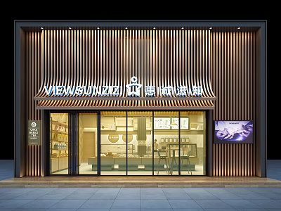 Modern Storefront Facade Design Featuring Wooden Slat Glass Doors Illuminated Signboard And Interior 3d model