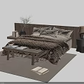 Double Bed With Wooden Headboard Patterned Quilt Pillows And Bedside Table Lamp