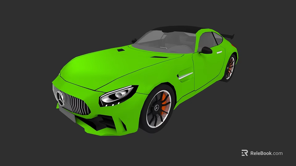 Green Sleek Sports Car With Two Door Design Black Roof Orange Wheels And Rear Spoiler 3d model 