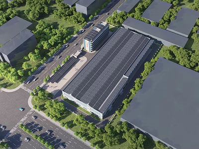 Modern Industrial Factory Building With Large Solar Panel Roof And Surrounding Greenery 3d model