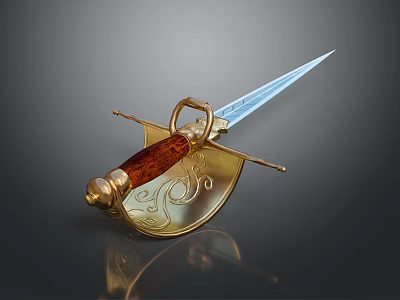 Traditional Decorative Sword With Wooden Handle Golden Hilt And Silver Blade 3d model