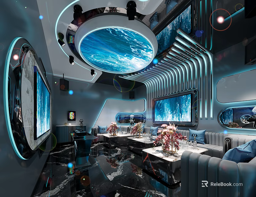 Modern KTV Interior Design With Large Screens Ambient Lighting And Comfortable Sofas 3d model 