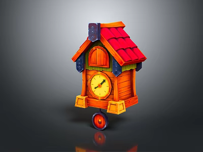 Cartoon Scene Wooden House Shaped Clock With Red Roof And Wheels 3d model