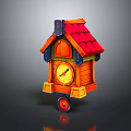 Cartoon Scene Wooden House Shaped Clock With Red Roof And Wheels