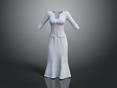 Elegant White Long Sleeve Fitted Dress With Flowy Skirt For Women 3d model