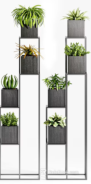 Stylish Bonsai Potted Plants On Black Tiered Shelves With Various Green Foliage 3d model 