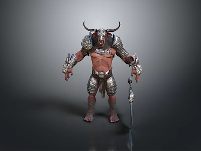 Horned Demon Warrior Character With Muscular Body Spiked Armor And Sharp Sword 3d model