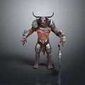 Horned Demon Warrior Character With Muscular Body Spiked Armor And Sharp Sword