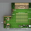 Rural Themed Exhibition Space With Wooden Structure Green Lawn Arranged Seats Large Screen And Cow Models