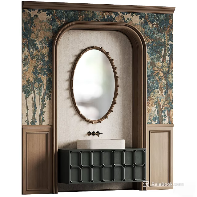 Elegant Bathroom Interior With Oval Mirror Patterned Wallpaper And Wooden Vanity 3d model 