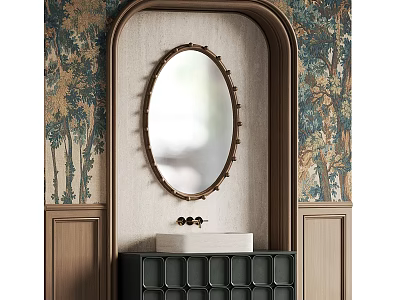 Elegant Bathroom Interior With Oval Mirror Patterned Wallpaper And Wooden Vanity 3d model