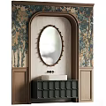 Elegant Bathroom Interior With Oval Mirror Patterned Wallpaper And Wooden Vanity