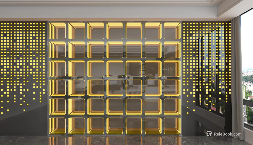 Modern Accent Wall With Yellow LED Stripes And Square Glass Grid Design 3d model 
