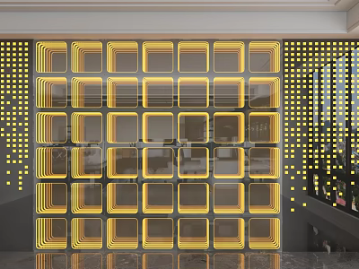 Modern Accent Wall With Yellow LED Stripes And Square Glass Grid Design 3d model