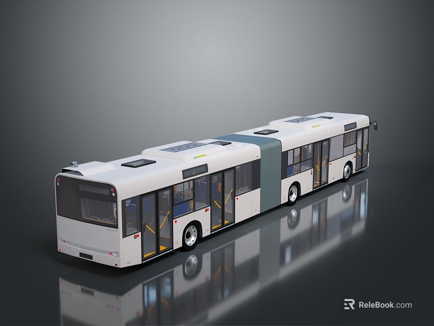 White Articulated Bus with Solar Panels on Roof in Modern Design on Reflective Surface 3d model 