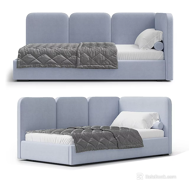 Light Blue Single Bed With Upholstered Headboard White Pillow And Gray Quilted Blanket 3d model 