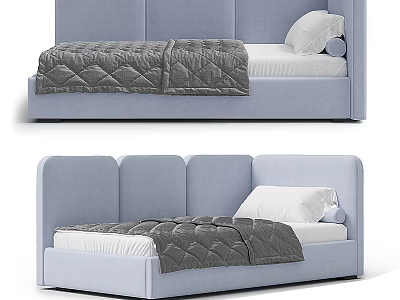 Light Blue Single Bed With Upholstered Headboard White Pillow And Gray Quilted Blanket 3d model