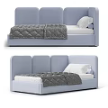 Light Blue Single Bed With Upholstered Headboard White Pillow And Gray Quilted Blanket