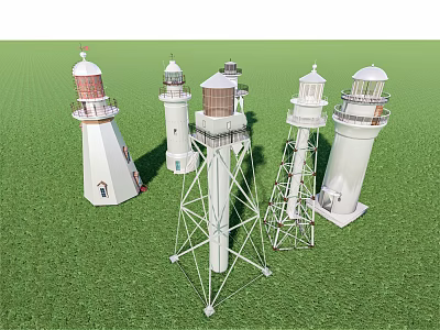 Garden Ornaments Featuring White Lighthouse Models on Green Grass with Various Designs 3d model
