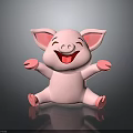 Pink Cartoon Pig with Smiling Face Sitting and Open Arms on Black Background with Reflection
