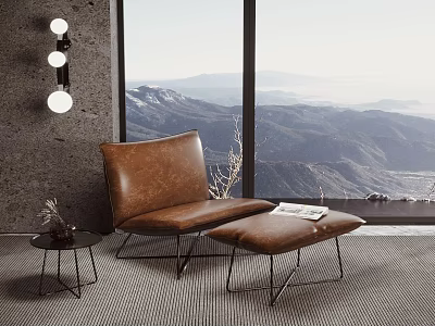 Brown Leather Lounge Chair With Ottoman And Side Table By Large Window Mountain View 3d model