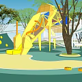 Children's Playground with Yellow Slide Climbing Structures Colorful Ground Surrounded by Trees and White Bridge