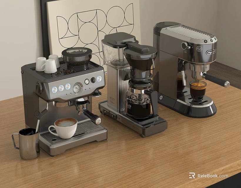 Three Metallic Coffee Machines On Wooden Table With Coffee Cups And Mug 3d model 