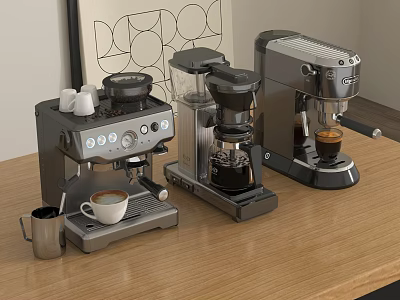 Three Metallic Coffee Machines On Wooden Table With Coffee Cups And Mug 3d model