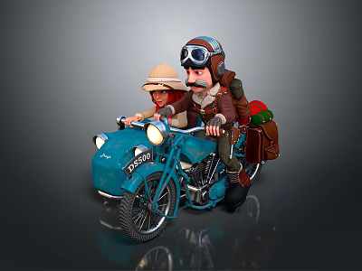 Vintage Blue Motorcycle With Two People Riding Wearing Helmets Hats And Luggage Bag 3d model