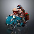 Vintage Blue Motorcycle With Two People Riding Wearing Helmets Hats And Luggage Bag