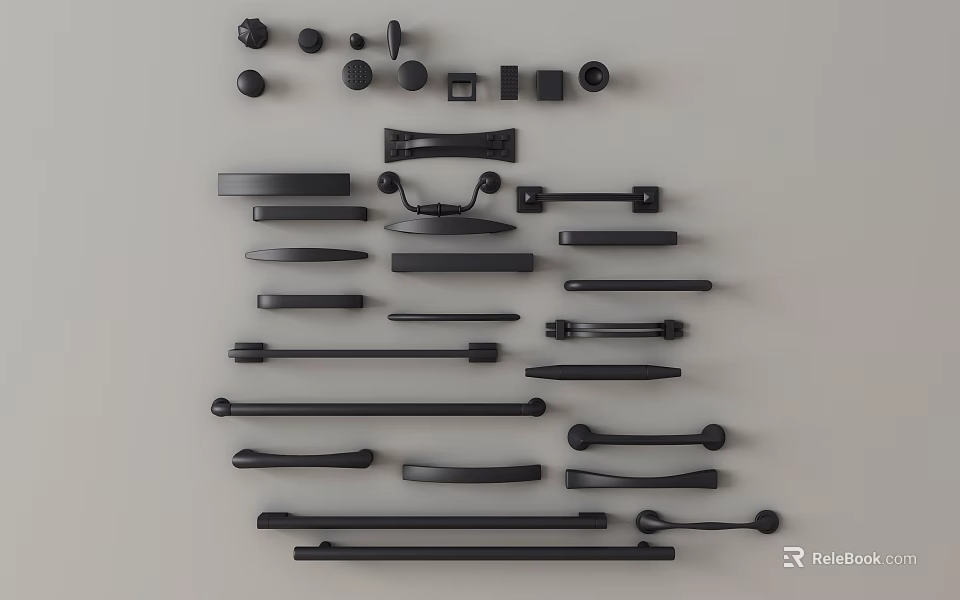 Assorted Black Metal Cabinet Handles With Various Designs Shapes For Furniture 3d model 
