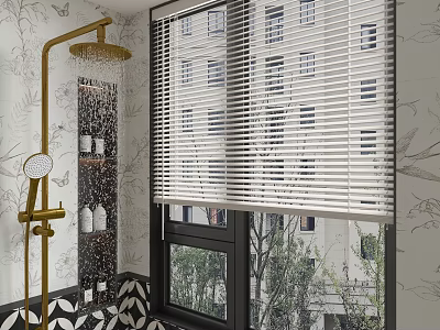 Modern Casement Window with Window Blinds in Bathroom Featuring Golden Fixture and Outdoor View 3d model
