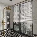 Modern Casement Window with Window Blinds in Bathroom Featuring Golden Fixture and Outdoor View