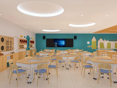 Spacious School Classroom With Blue Walls Round Lights Desks Storage Cabinets And Large Screen TV 3d model
