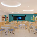 Spacious School Classroom With Blue Walls Round Lights Desks Storage Cabinets And Large Screen TV