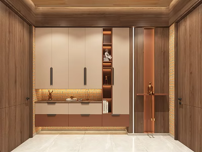 Modern Entryway Hallway Interior Design With Wooden Walls Beige Cabinets And Copper Accents 3d model