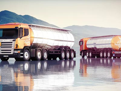 Two Orange Silver Tanker Trucks Parked On Water Surface With Mountain Background And Reflection 3d model