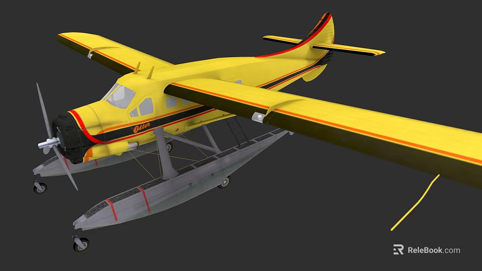 Yellow Seaplane With Floats And Red Accents On Wings And Fuselage 3d model 
