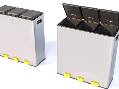 Public Facilities Pedal Operated Recycling Bins With Silver Body Black Lids And Multiple Compartments 3d model